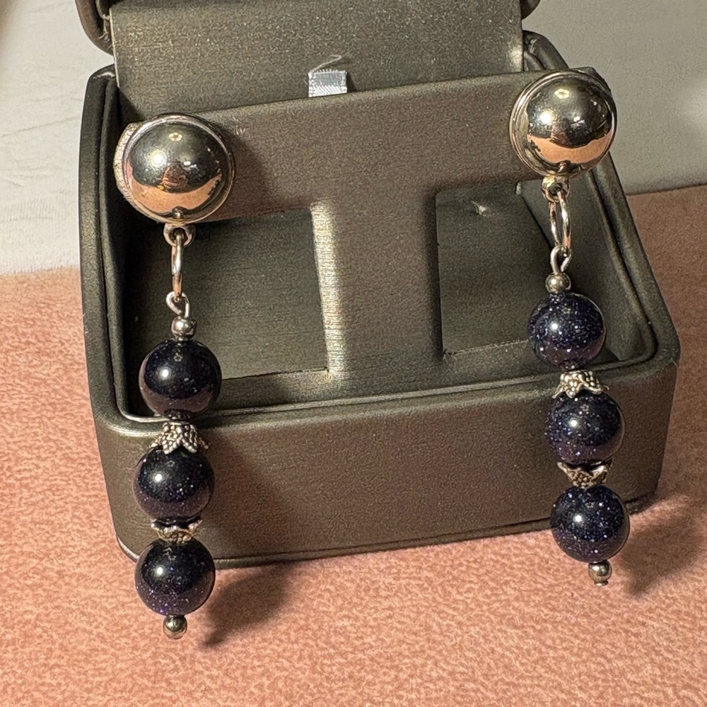 Silver Toned and Blue Gold Stone Dangle Earrings